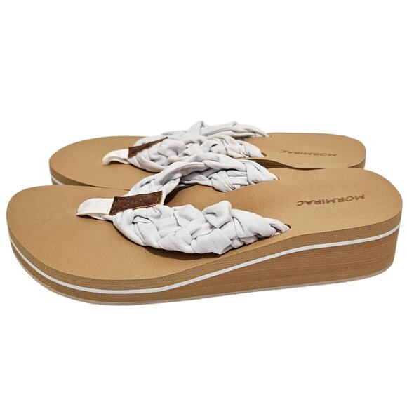 MORMIRAC Tan White Braided Strap Thong Flip Flop Sandals Women's Size 8 NWB - Picture 2 of 6